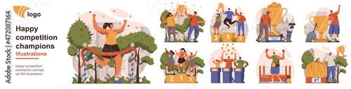 Happy competition champions concept isolated person situations. Collection of scenes with people athletes winning and celebrate first places and trophies. Mega set. Vector illustration in flat design