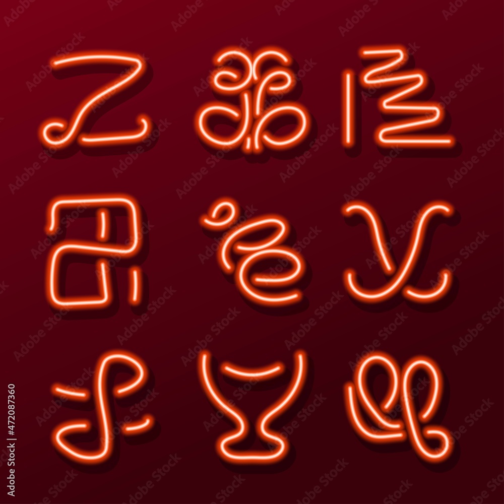 set abstract symbols neon sign, modern glowing banner design, colorful modern design trend. Vector illustration. set abstract symbols neon sign, modern glowing banner design, colorful modern design trend. Vector illustration.