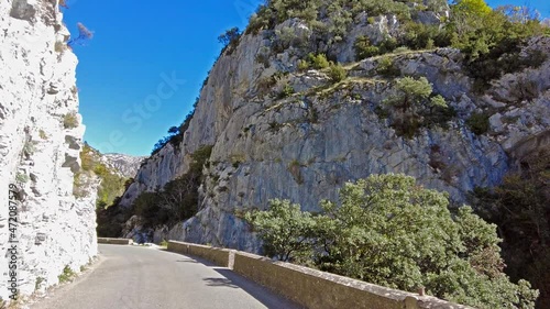 Driving through the Valley of Hecho in the Spanish Pyrenees in autumn, Spain in Europe photo