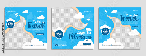 Travel agency travelling business marketing social media banner post template design with abstract background, logo and icon. Tourism, summer holiday or traveling sale promotion flyer & poster. 