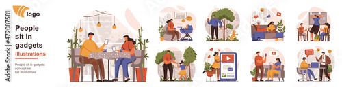 People sit in gadgets concept isolated person situations. Collection of scenes with users spend time in smartphones, unhealthy habit and addiction. Mega set. Vector illustration in flat design