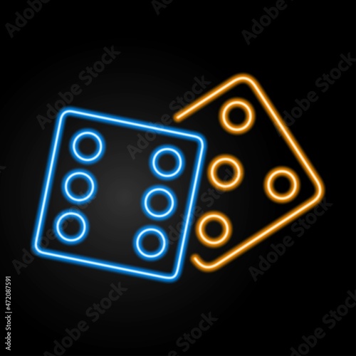 game dice neon sign, modern glowing banner design, colorful modern design trends. Vector illustration.