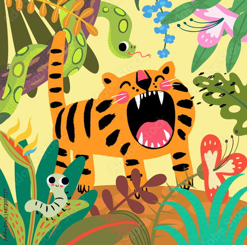 Jungle Tropical Background with Cute Roaring Tiger Cub. Illustration of a jungle landscape background  with ornaments made with leaves and flowers of tropical plants and trees.