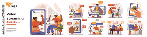 Video streaming concept isolated person situations. Collection of scenes with people bloggers broadcast online, communicate with followers, record podcast. Mega set. Vector illustration in flat design