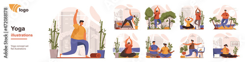 Yoga training concept isolated person situations. Collection of scenes with people perform yoga asanas, meditation, relax, wellness and healthy lifestyle. Mega set. Vector illustration in flat design