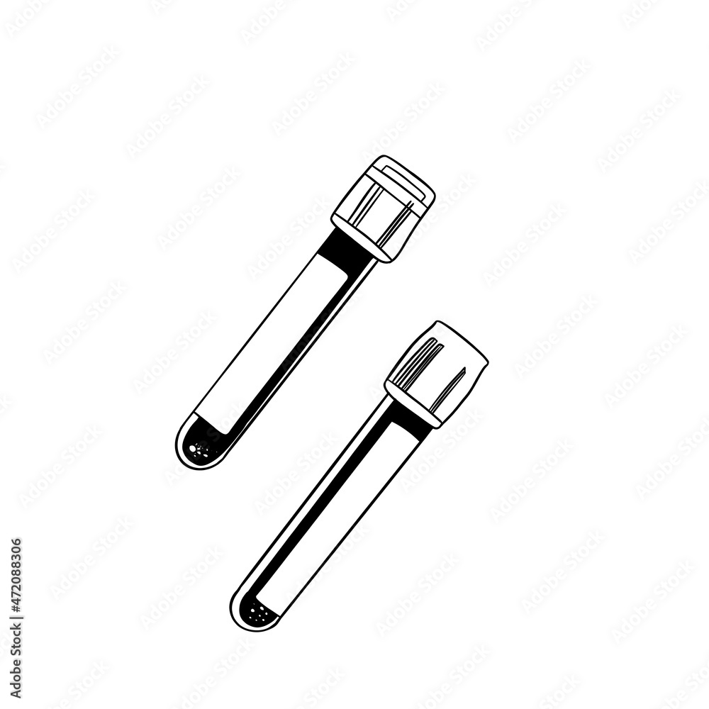Vector drawn sketch of medical test tubes for blood sampling, doodle style with black lines Vector drawn sketch of medical test tubes for blood sampling, doodle style with black lines