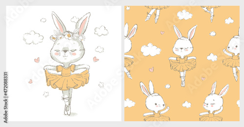 Seamless pattern with the sweet ballerina bunny illustration vector for print design and other uses.. Can be used for t-shirt print, kids wear fashion design, baby shower invitation card
