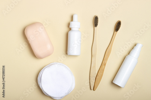 Wooden toothbrush, solid shampoo, handmade soap, cotton makeup remover wipes. Zero Waste Concept Eco-Friendly Body Care Cosmetics