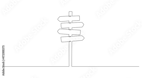 One Continuous line drawing of Road direction signpost arrows to the right and left isolated on white. Pointer symbol in liner style. Vector illustration for web banner, design template, postcard