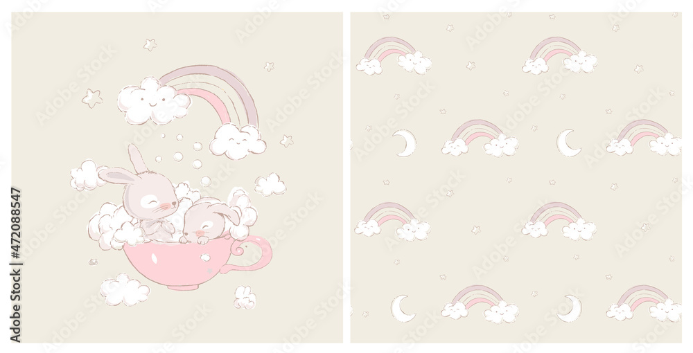 Seamless Pattern With Cute Little Bunnies. Rabbits take baths in a cup. Rainbow, foam and clouds in the background. Can be used for t-shirt print, kids wear fashion design, invitation card, packaging Seamless Pattern With Cute Little Bunnies. Rabbits take baths in a cup. Rainbow, foam and clouds in the background. Can be used for t-shirt print, kids wear fashion design, invitation card, packaging