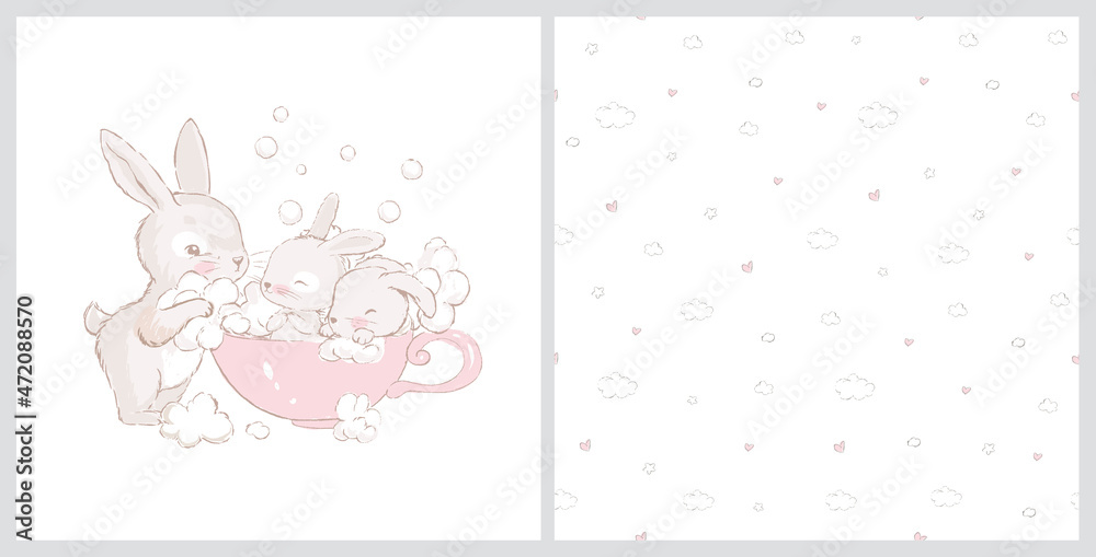 Seamless pattern with Cute little hares and mom. Cute white baby bunnies take baths in a cup. Can be used for baby t-shirt print, kids fashion design, baby shower card Seamless pattern with Cute little hares and mom. Cute white baby bunnies take baths in a cup. Can be used for baby t-shirt print, kids fashion design, baby shower card