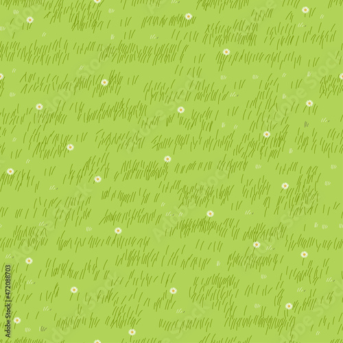 Lawn grass,daisy seamless background,Vector cartoon nature green exture,Cute white flower,meadow in spring field,Pattern summer grass,Endless seasonal for four seasons,Backdrop Natural abstract