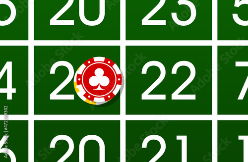 2022 Happy New Year casino style greeting card with tokens chips above roulette wheel casino table. Merry Christmas 2K22 Xmas banner poker and blackjak desk design. New year 2022 party poster top view photo