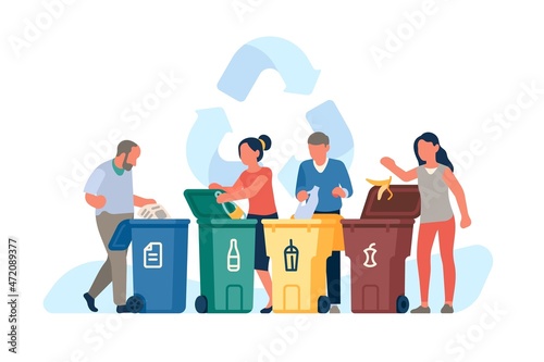 People sorting garbage. Men and women throw out trash in plastic color dumpsters, eco containers, separate waste collection, taking care of environment, vector isolated concept