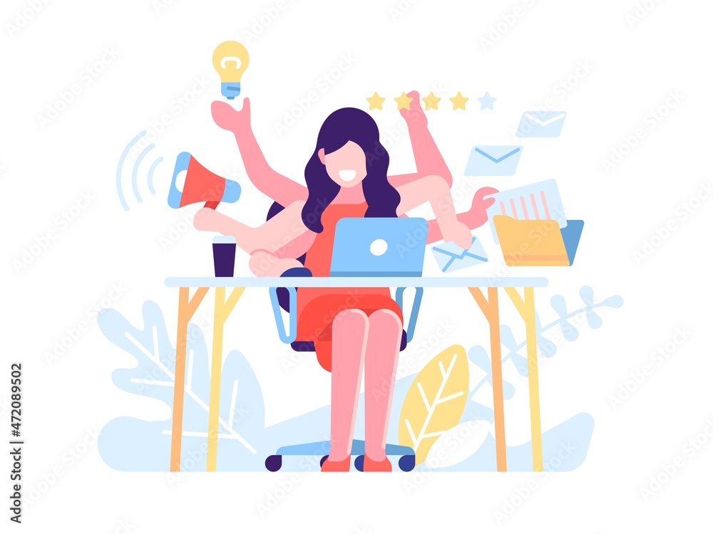 Multitasking woman. Successful business woman performing multiple tasks productive, work efficiency, workaholic secretary workplace, time management vector isolated concept