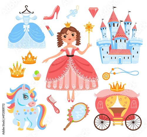 Princess elements. Cute girl in lush pink dress and gold crown holding magic wand, royal castle, fabulous unicorn, little queen, adorable fantasy character vector cartoon flat isolated set