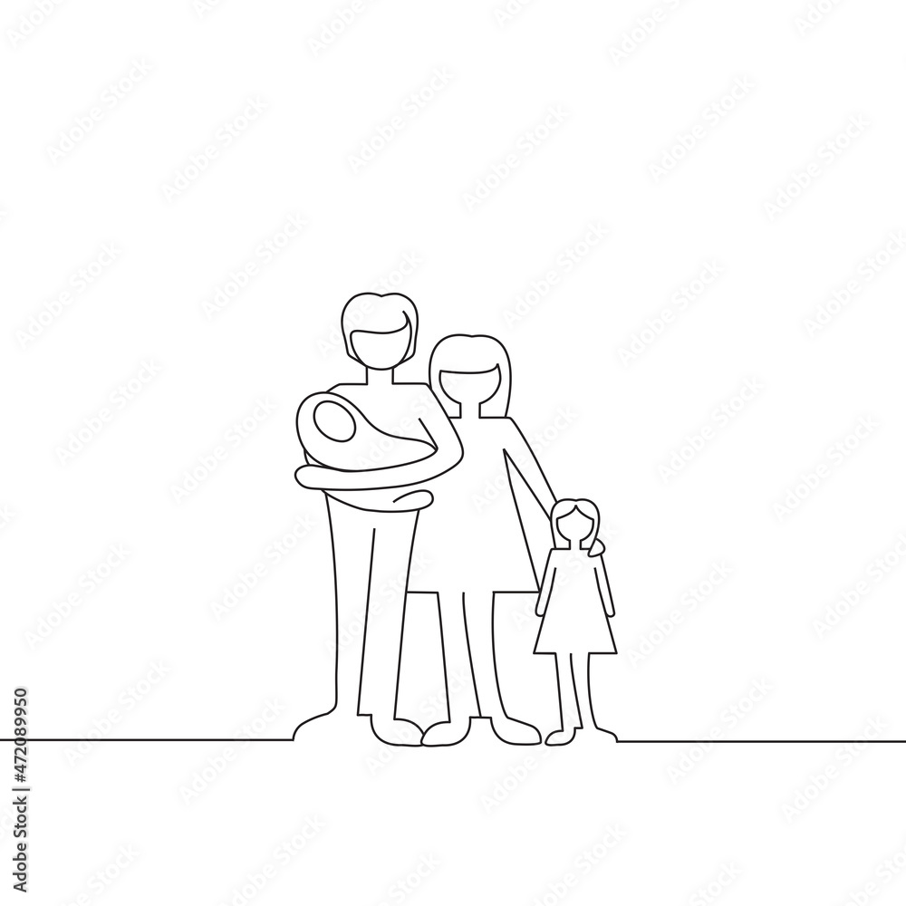 Family standing isolated on white background. For web site, poster and placard. Creative modern concept, vector illustration