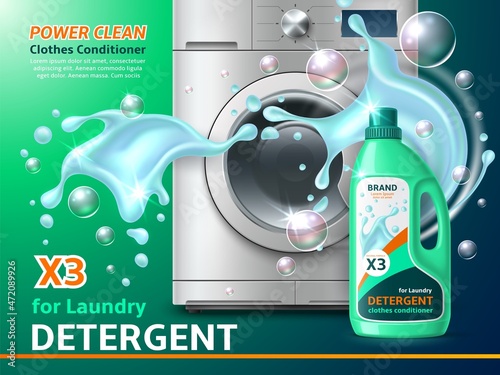 Laundry service. Realistic steel washing machine with detergent, water splashes and flying soap bubbles. Professional cleaning and caring of clothes advertising banner, vector concept