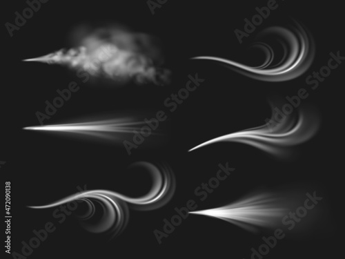 Wind flows. Realistic 3d air flows effect, different shapes isolated on black background, mist visible streams, spread gas, winter freezing cold breathing, pressurized blowing, vector set