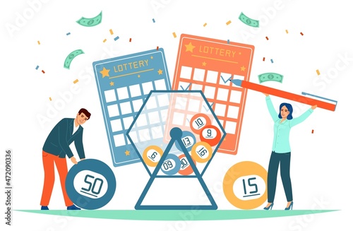 Lottery people. Happy tiny gambling players guess numbers, mark tickets and spinning transparent machine with numbered balls, fortune game with money prize, vector cartoon flat concept