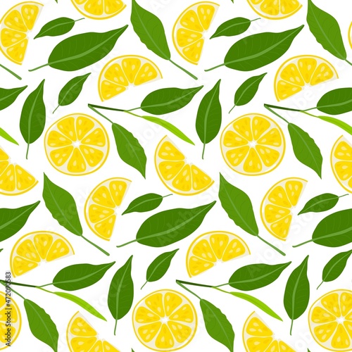 Lemon Tea seamless pattern. Tea leaves, lemon slice. Hot drink flat vector illustration on white background for wallpaper, wrapping, packing, textile, scrapbooking. International Tea Day.