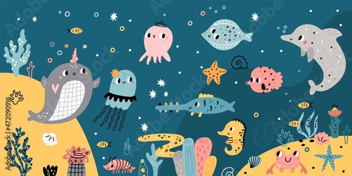 Cute underwater seabed. Funny ocean animals, fishes and seaweed, cartoon characters in natural habitat, swimming dolphin, jellyfish and crab, marine creations, vector concept