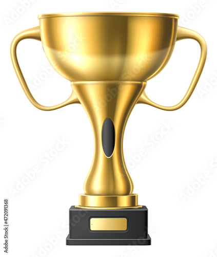 Golden award with empty nameplate. Shiny realistic trophy cup