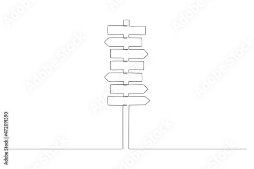 One Continuous line drawing of Road direction signpost arrows to the right and left and plate. Pointer symbol in liner style. Vector illustration for web banner, design template, postcard