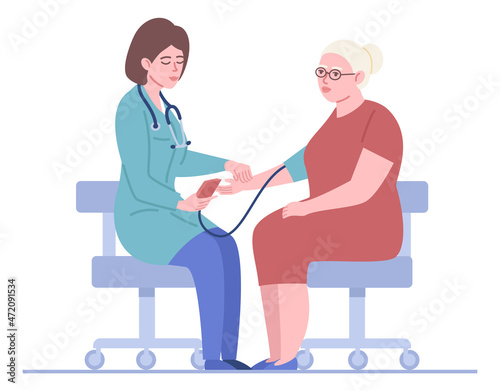 Doctor measuring patient blood pressure. Old woman checking health