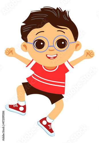 Happy boy jumping. Smart kid in glasses excited. Cute cartoon character
