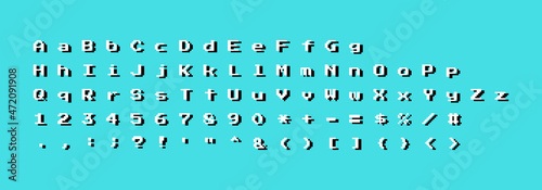Vector pixel art 8 bit style shadow abc alphabet capital uppercase, lowercase, numbers, special symbols letter character icon set, white with black outline