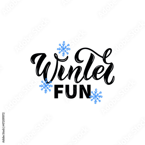 Winter fun handwritten text, hand lettering with snowflakes isolated on white background. Brush calligraphy for greeting card, print, poster, sticker, decor. Winter holidays vector illustration