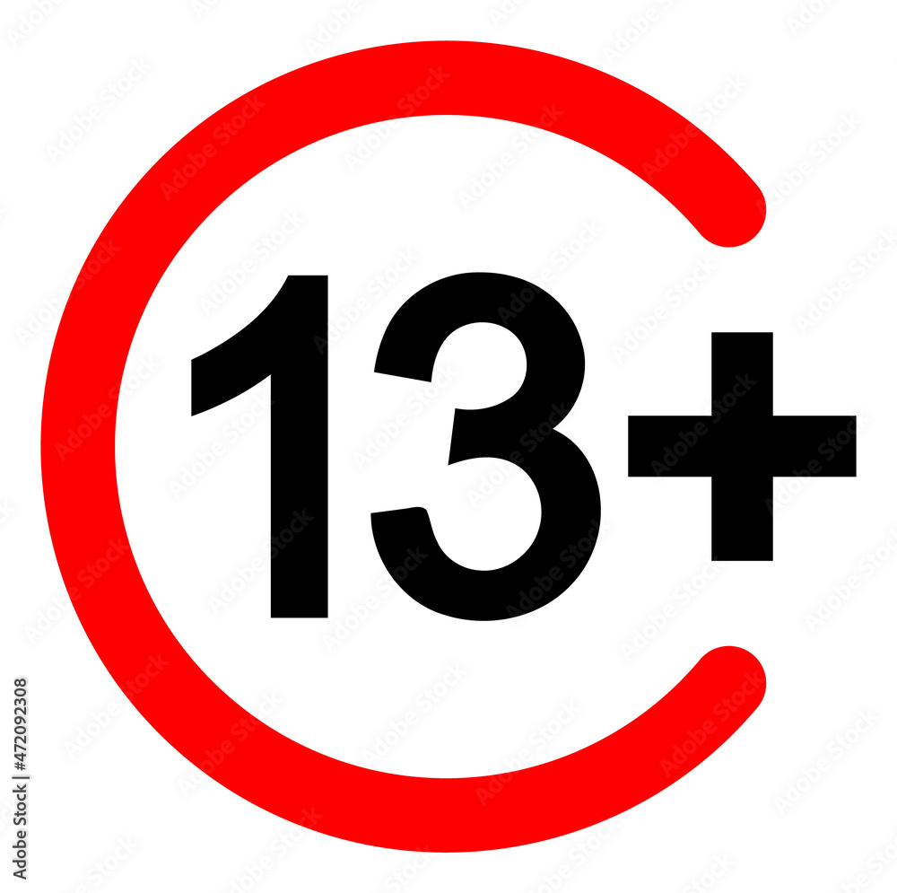 13 plus vector icon on a white background. An isolated flat icon illustration of 13 plus. 13 plus vector icon on a white background. An isolated flat icon illustration of 13 plus.