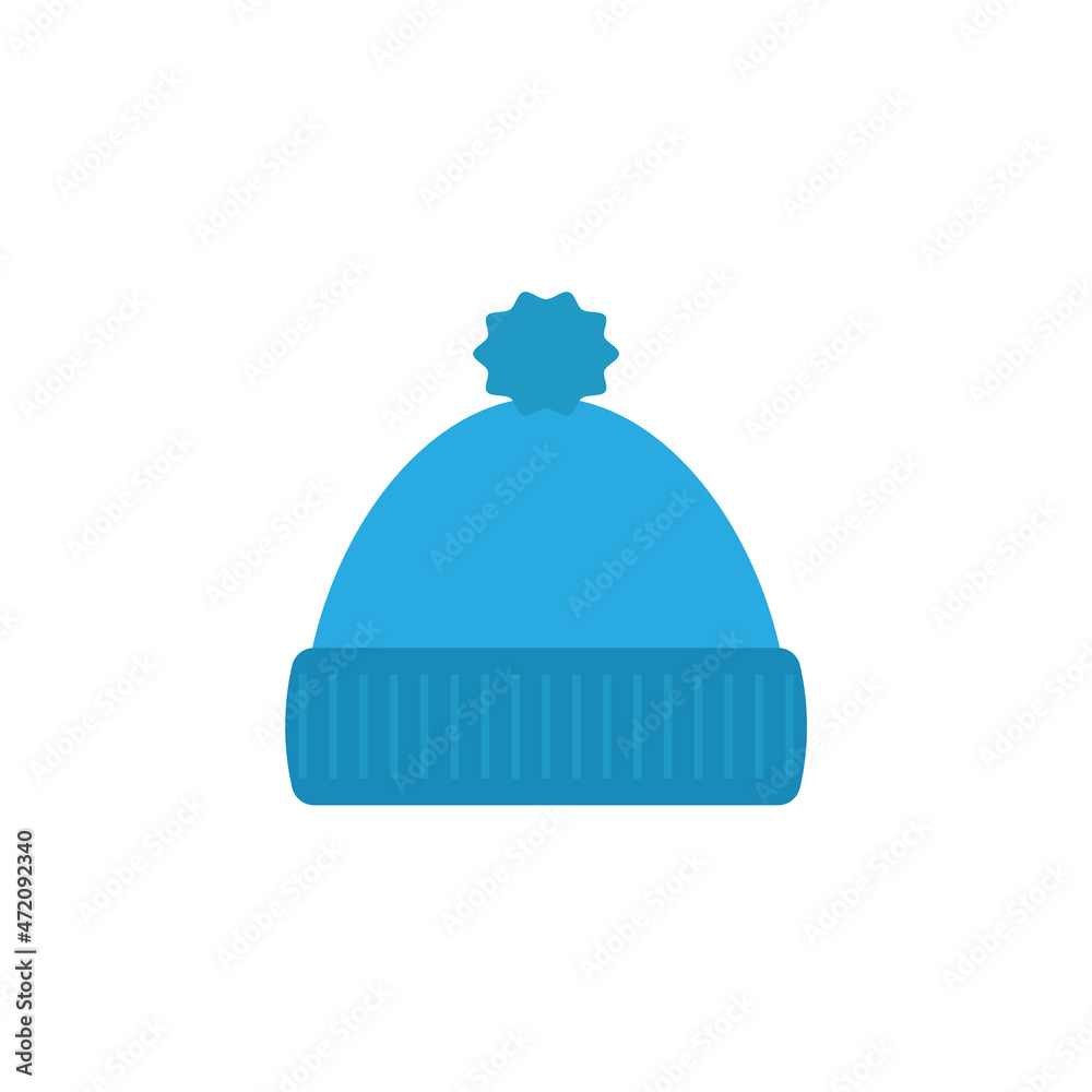 Winter blue hat cap with pompom isolated on white background. Flat vector illustration. Cartoon design Winter blue hat cap with pompom isolated on white background. Flat vector illustration. Cartoon design