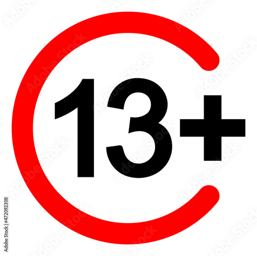 13 plus vector icon on a white background. An isolated flat icon illustration of 13 plus.