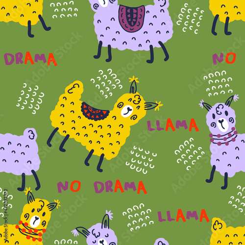 Doodle seamless pattern with cute lamas and text NO DRAMA LLAMA. Perfect for T-shirt, textile and print. Hand drawn vector illustration for decor and design.
