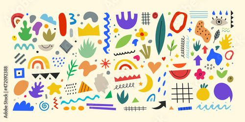 Set of trendy doodle and abstract nature icons on isolated white background. Big summer collection, unusual organic shapes in freehand matisse art style. Includes people, floral art and texture bundle