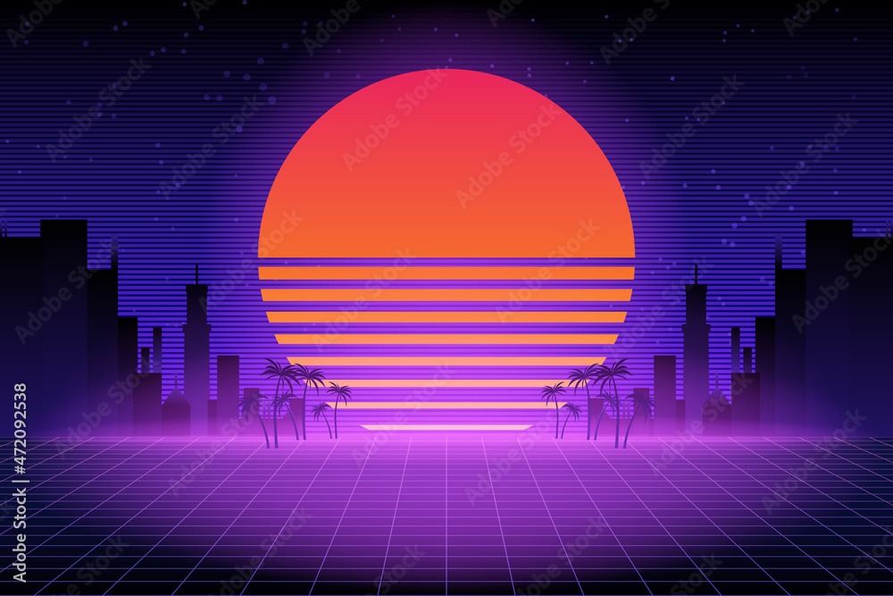 Retro future 80s style sci-fi wallpaper. Futuristic night city. Cityscape  on a dark background with bright and glowing neon purple and blue lights.  Cyberpunk and retro wave style vector illustration. Stock Vector |