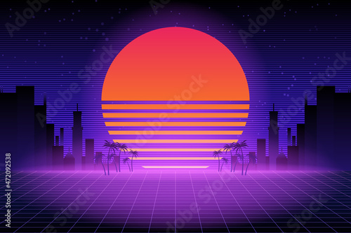 Retro future 80s style sci-fi wallpaper. Futuristic night city. Cityscape on a dark background with bright and glowing neon purple and blue lights. Cyberpunk and retro wave style vector illustration.