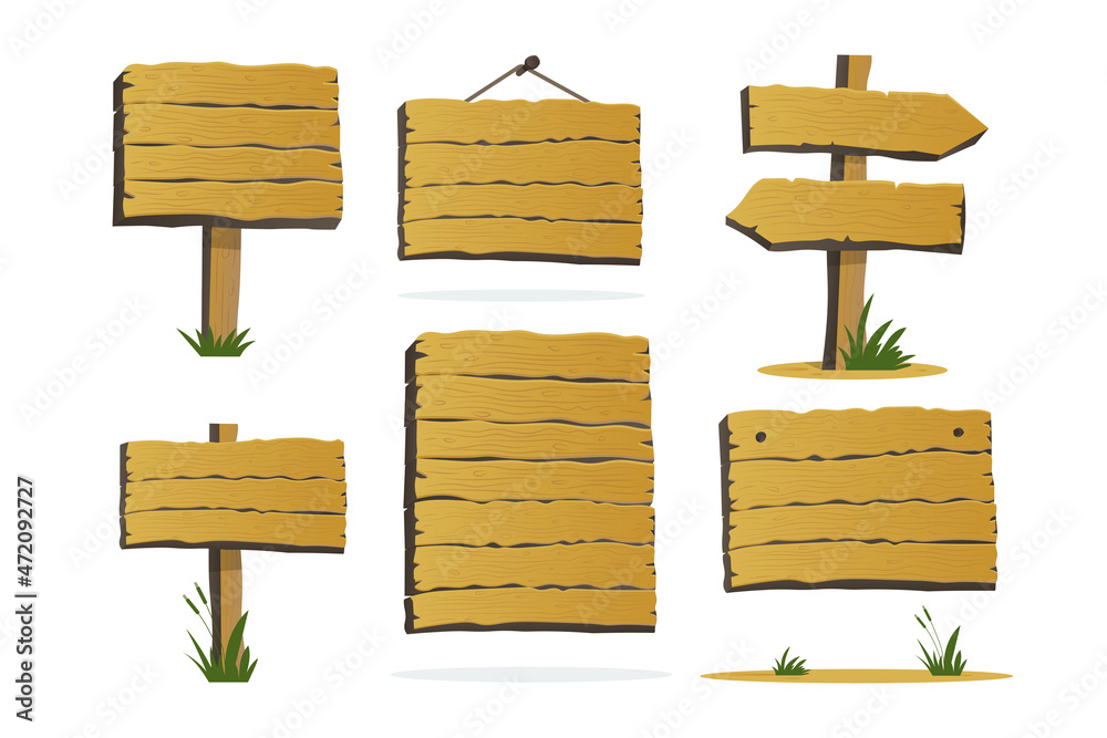 Old wooden blank cartoon sign boards isolated on white vector collection. Board arrow object and wooden plank billboard illustration