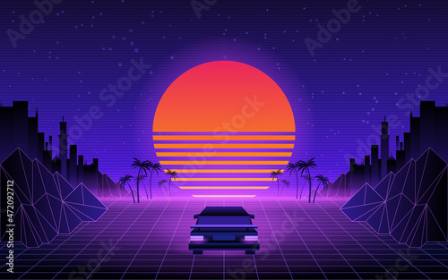 80s Retro Sci-Fi Background. Vector retro futuristic synth retro wave illustration in 1980s posters style. Suitable for any print design in 80s style.