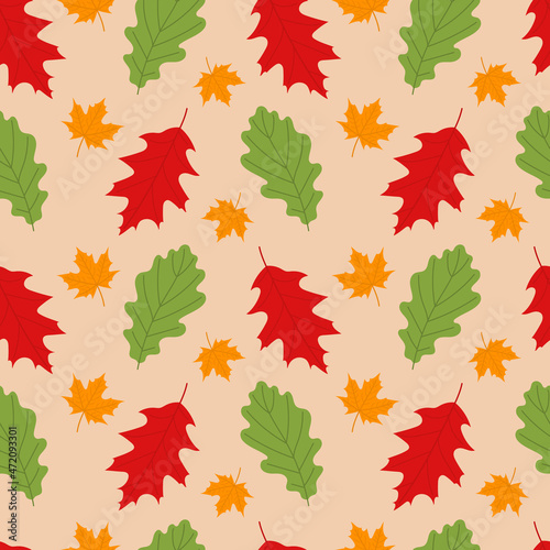 Seamless pattern with colorful leaves on beige background. Autumn pattern. Flat vector illustration.