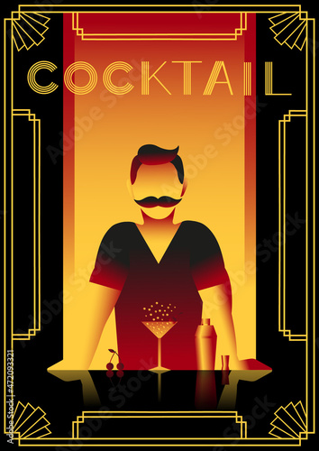 Art deco style poster with barman, sparkling cherry cocktail and cocktail shaker. Vector illustration.