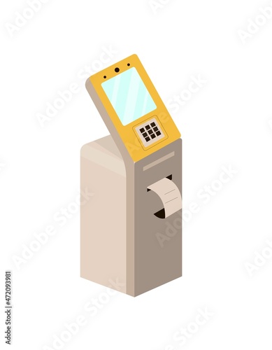 Self check-in kiosk at the airport, flight registration, printing boarding pass, atm machine. Vector illustration, side view