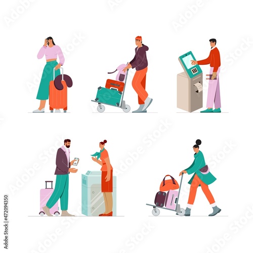 Set of scenes with people at the airport, walking with baggage, checking in, waiting for the flight, printing boarding pass. Vector illustration