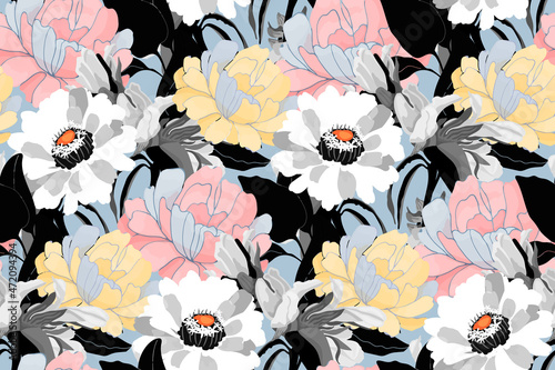 Vector floral seamless background. A pattern of multi-colored flowers with black and blue leaves. 