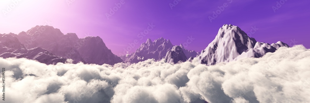 Beautiful landscape of mountains shrouded in clouds, panorama of clouds against the background of snowy peaks, 3D rendering