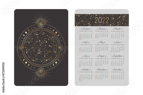 Vector tarot pocket year 2022 celestial calendar with shining ornate golden zodiac circle, stars and moon phases on a cover. Two-sided card template with mystic outline illustration in boho style