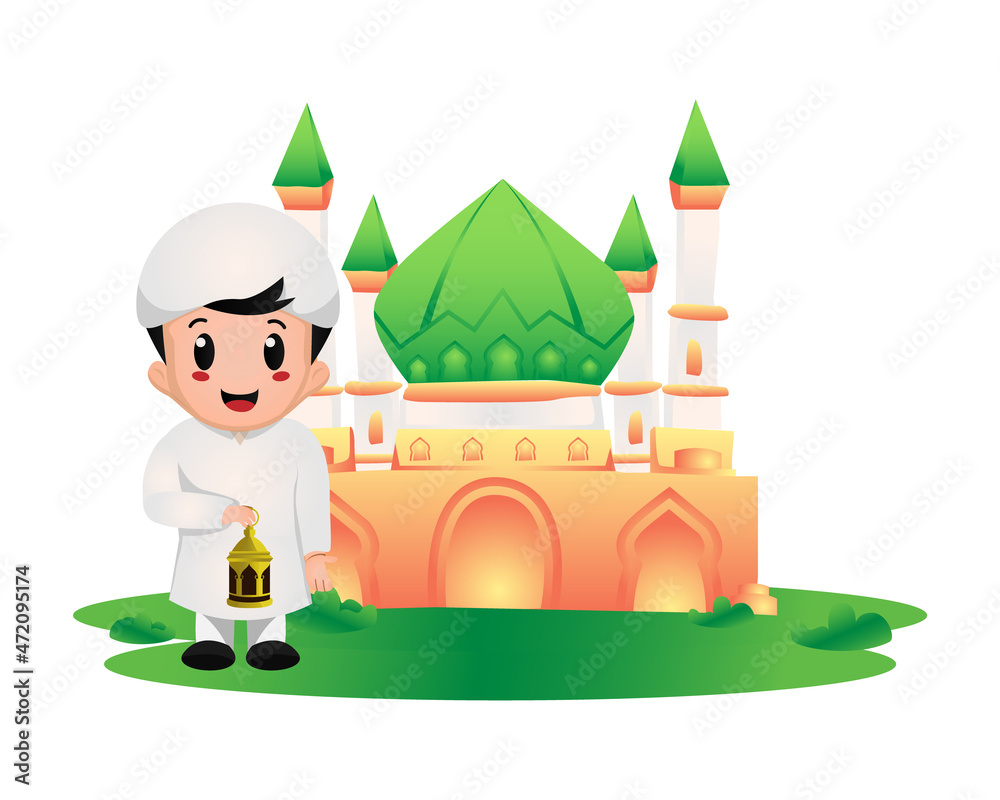 Illustration islamic muslim kid boy with mosque Illustration islamic muslim kid boy with mosque