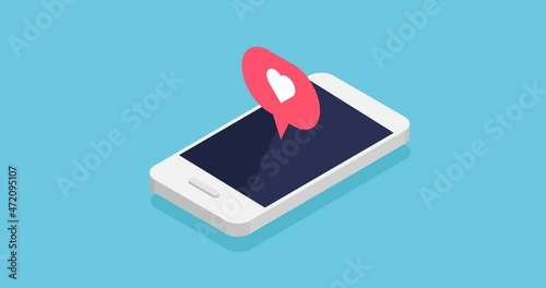 Animation of smartphone with social media notifications. Push notification with like. 4k video animated in isometric style.